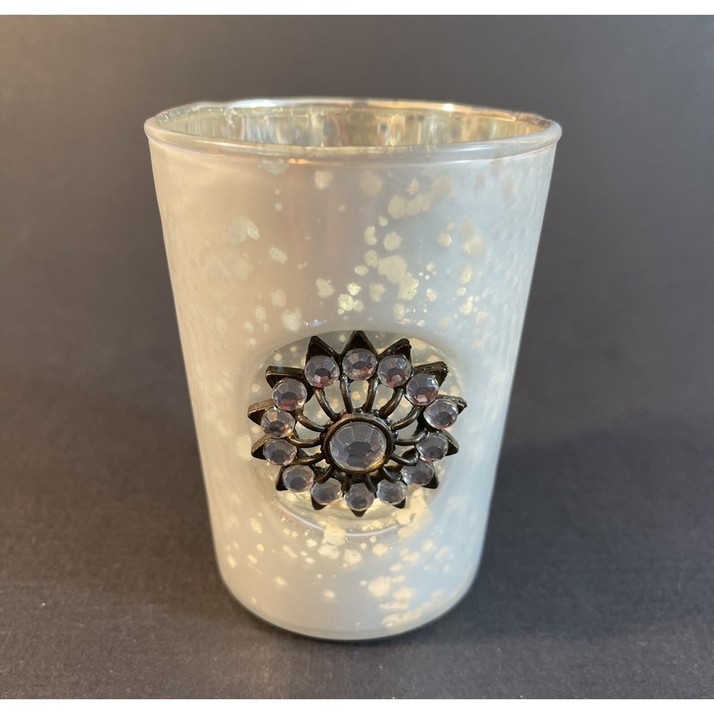 VTG Mercury Glass Votive Candle Holder Jeweled Accent Silver Frosted 4" Decor